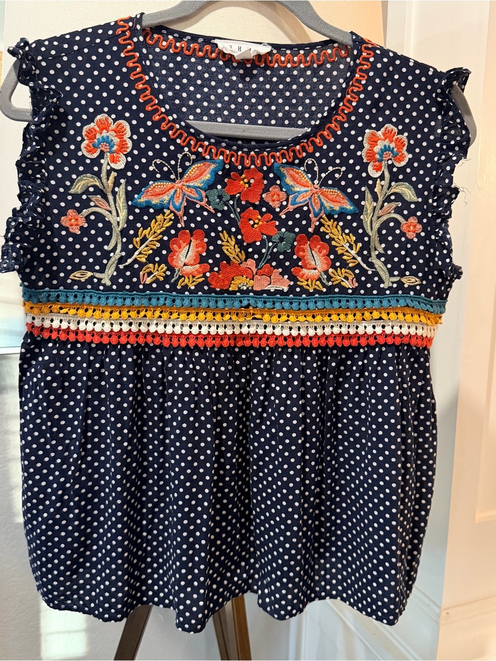 THML Navy Polka Dot Embroidered Flutter Sleeve Top with Multicolor Trim